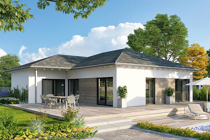 Das Familienleben findet bei dem Bungalow Chello 116 draußen sowie drinnen statt. Die Holzelemente an der Fassade geben dem Fertighaus seine Natürlichkeit und das Walmdach schafft die passende Eleganz.