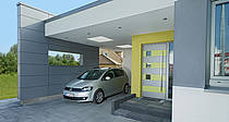 Musterhaus Bungalow Finess mit im Eingangsbereich integriertem Carport