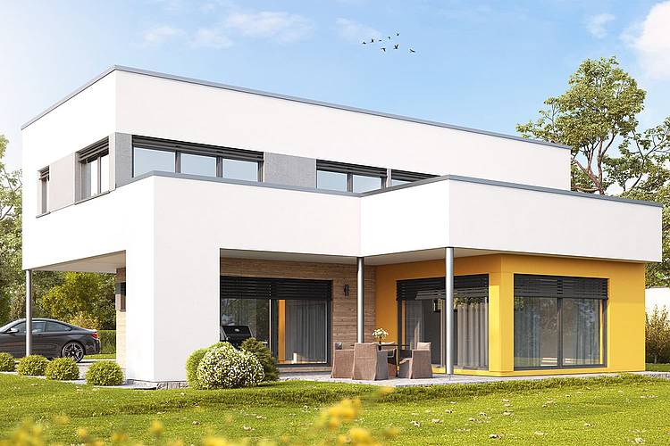 Das individuelle Fertighaus Enzo präsentiert sich schick und modern. Die klaren Linien und raffinierten Details ziehen sich durch das gesamte Flachdachhaus. Auf zwei strukturierten Etagen ist viel Platz für die gesamte Familie.