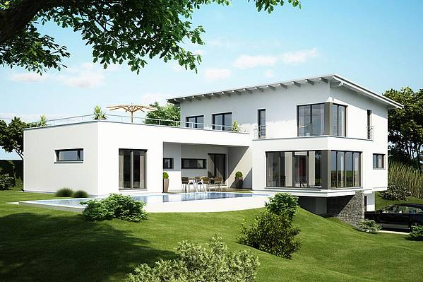 Das Architektenhaus Adamello ist ein großzügiges Einfamilienhaus mit Pultdach. Auf der großen Dachterrasse ist viel Platz für die gesamte Familie.
