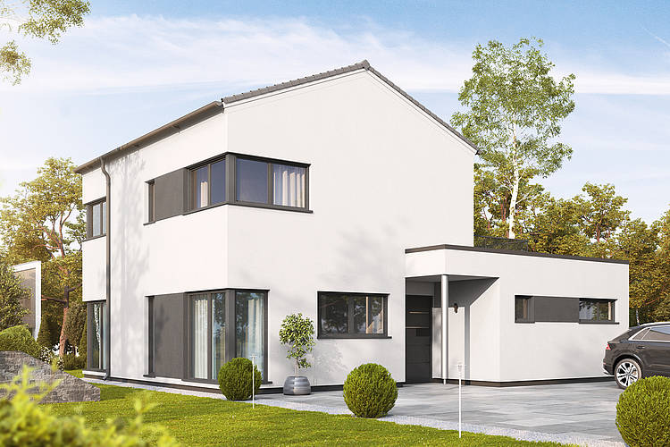 Das Fertighaus Destano überzeugt mit der modernen Architektur und der Kombination aus zwei Baukörpern. Im Wohnbereich sorgen bodentiefe Fenster für viel Tageslicht und ein gewisses Wintergarten-Gefühl.