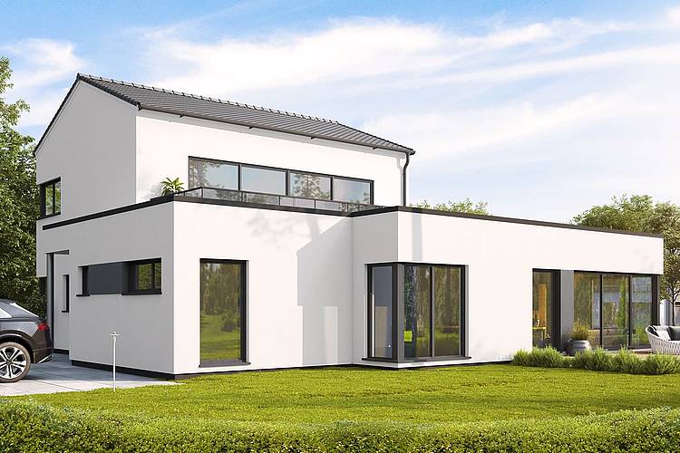 Das Fertighaus Destano mit Satteldach zeichnet sich durch die raffinierte Kombination aus zwei Baukörpern aus. Das moderne Architektenhaus bietet auf 193,1 m² Wohnfläche viel Platz für das Familienleben.