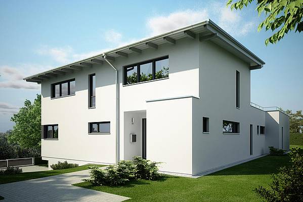 Das Fertighaus Adamello von Büdenbender Hausbau verfügt über eine große Südterrasse. Klare Formen und helle Räume zeichnen das Architektenhaus aus.