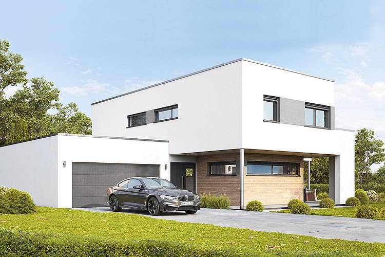 Das Fertighaus Enzo ist ein moderner Flachdachbau mit angeschlossener Garage. Die Holzoptik schafft einen optischen Kontrast zu der restlichen Fassade. Im Innenraum freuen sich Bauherren über offene Raumkonzepte und viel Freiraum.