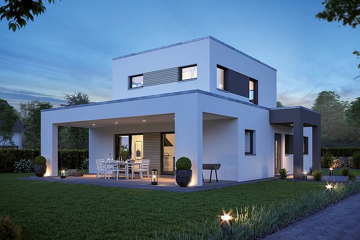 Das Architekten-Haus Comfort 130 besticht durch klares und modernes Design. Das Flachdachhaus bietet viel Platz für das Wohlbefinden der ganzen Familie - drinnen und draußen.