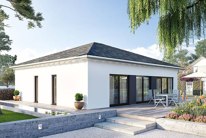 Der Bungalow Chello 105 vereint Modernität und Kompaktheit miteinander. Die zur Gartenseite geöffnete Terrasse lädt zum Genießen im Freien ein. Highlight des Fertighauses ist die zentrale Kochinsel mit Theke.
