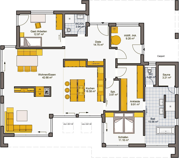 Architekten-Haus Fertighaus Finess 148 Grundriss EG