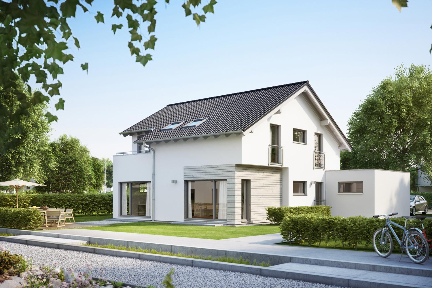 Das Architektenhaus Arpeggio ist ein modernes Einfamilienhaus von Büdenbender. Das Tageslicht sorgt für helle und großzügige Räume. Das Highlight ist der offene Kochbereich mit Theke.