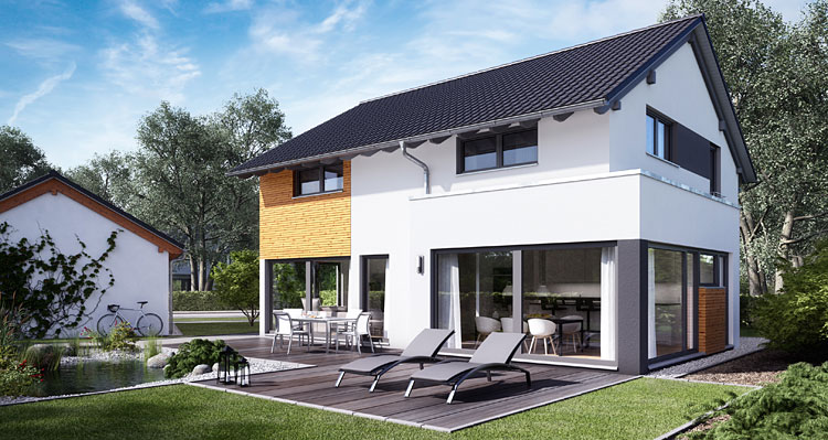 Das elegante Architektenhaus Belando überzeugt mit Holz-Elementen an der Fassade. Im Inneren punktet das Fertighaus mit einer offenen Raumgestaltung und raffinierter Raumaufteilung.
