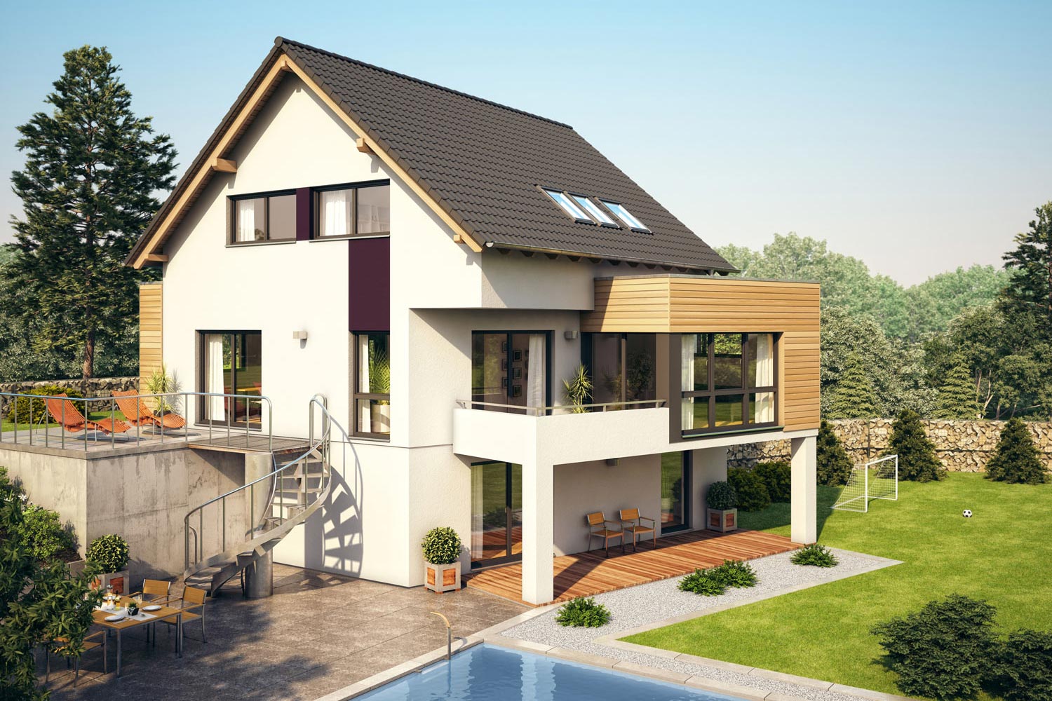 Das Fertighaus Avellino ist ein individuelles Architektenhaus mit außergewöhnlichem Grundriss. Das Herzstück des exklusiven Hauses von Büdenbender Hausbau ist der offene und helle Wohnbereich, der an den ebenso offenen Essbereich mit Küche anschließt.