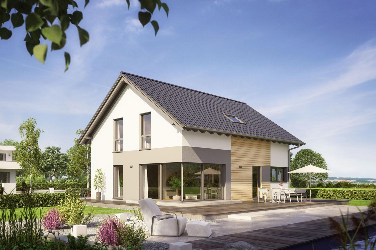 Die Holzelemente an der Fassade machen das Fertighaus Brentano zu einem modernen Blickfang. Das Architektenhaus bekommt durch die 2.70 m Deckenhöhe, den bodentiefen Fenstern und den offen gestalteten Räumen eine besondere Großzügigkeit verliehen.