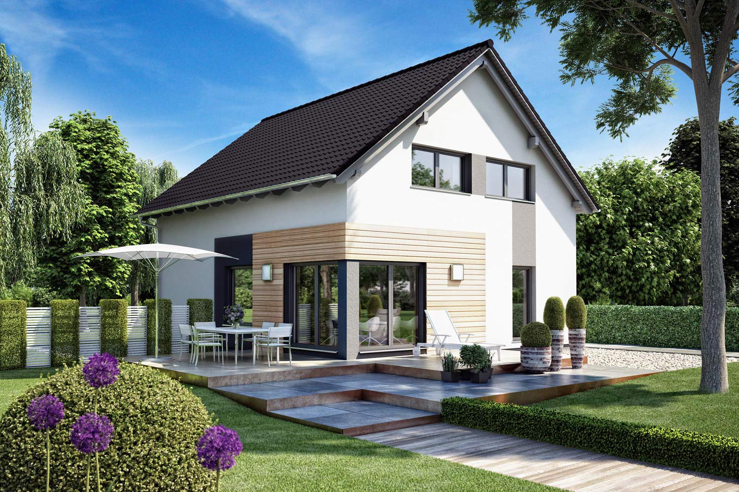 Das Architektenhaus Camaro bietet auf möglichst kleiner Fläche viel Wohnraum. Das Fertighaus von Büdenbender zieht mit Fassadenelementen aus Holz alle Blicke auf sich. Mit großen Wohnräumen kann es sich auch im Innenbereich sehen lassen.
