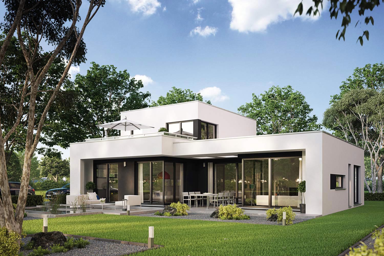 Das Fertighaus Casaretto von Büdenbender Hausbau beeindruckt durch klare architektonische Formsprache. Mit zwei separaten Wohnungen im Erd- und Obergeschoss bietet das moderne Designhaus viele Möglichkeiten.