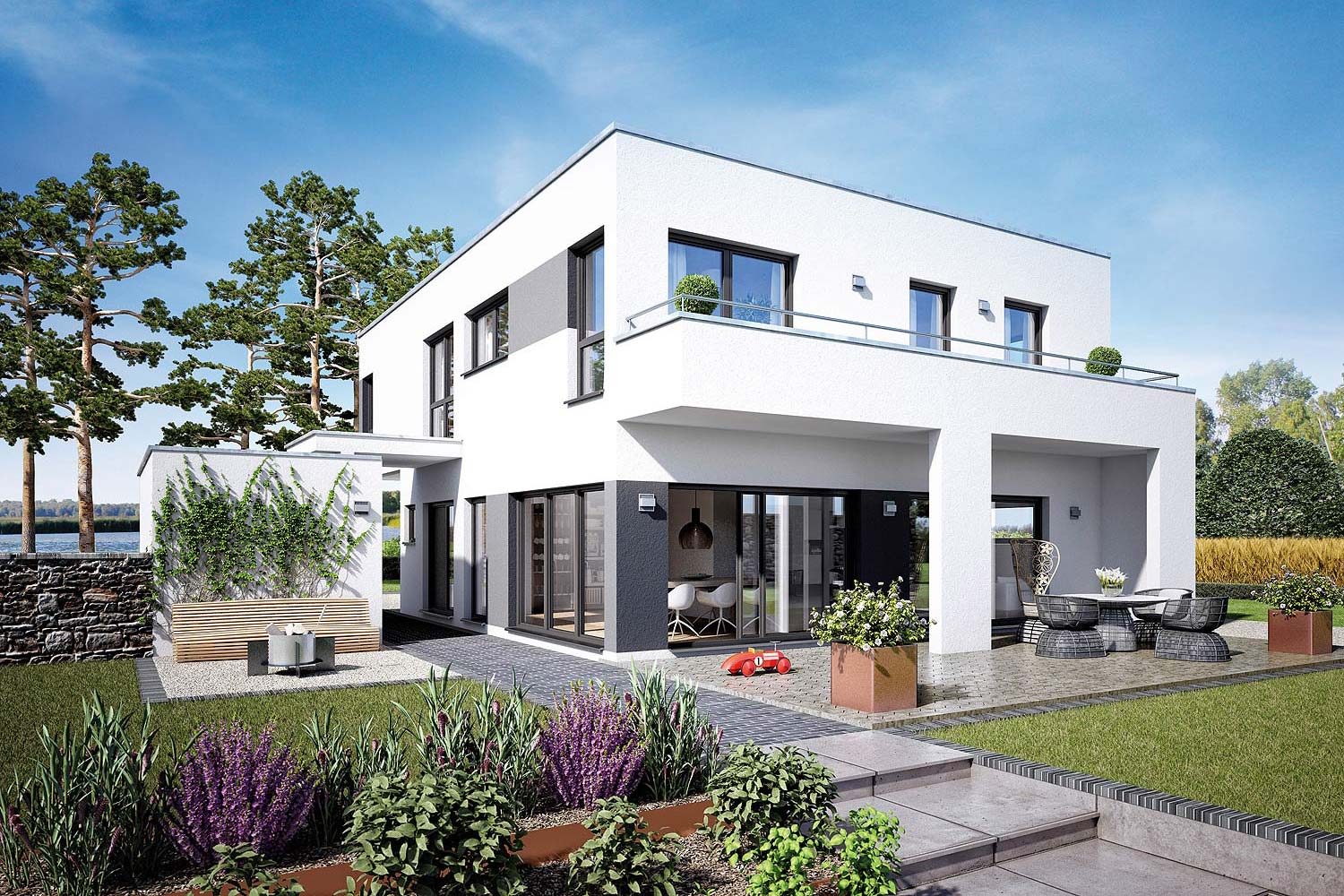 Das elegante Fertighaus mit zwei Etagen und separater Einliegerwohnung inklusive Garage ist ein absoluter Wohntraum. Auf 300,1 m2 findet hier das Familienleben statt.