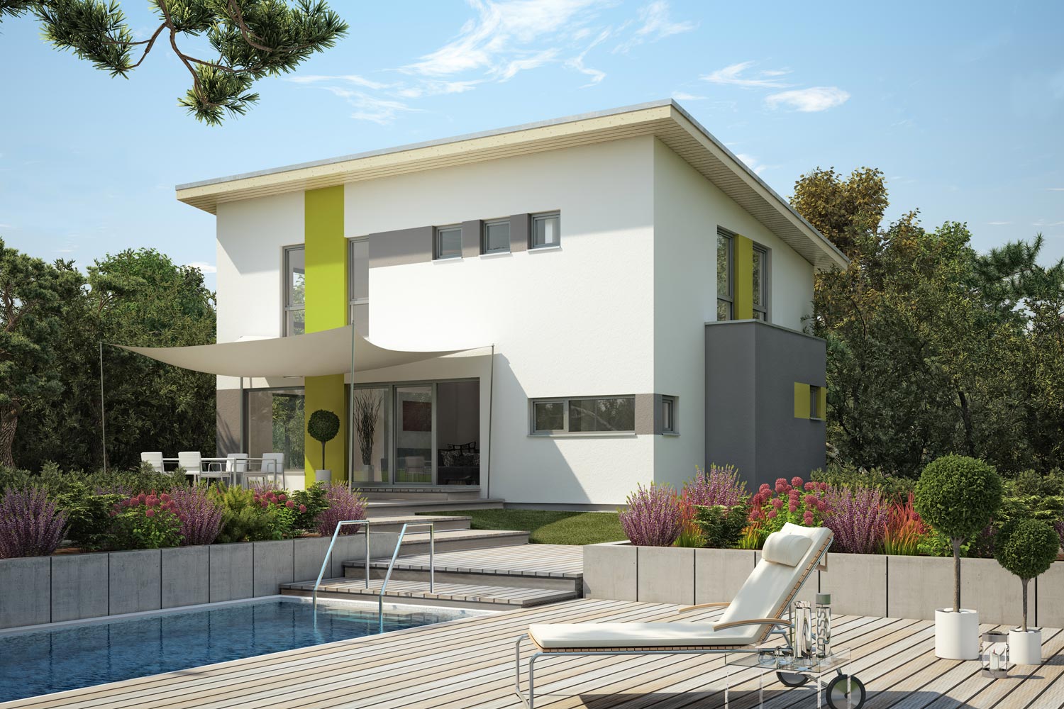 Das moderne Fertighaus Excelent mit Pultdach überzeugt mit seinem offenen Wohnkonzept. Gemütlichkeit und Modernität ergänzen sich bei diesem Architektenhaus von Büdenbender Hausbau perfekt.