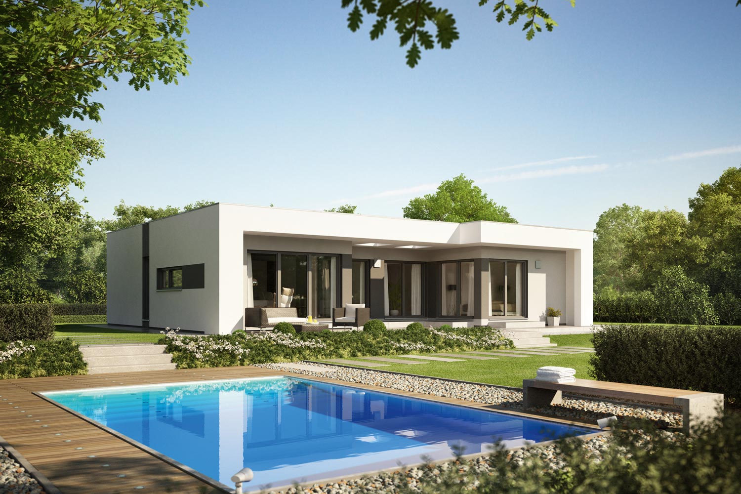 Das Architektenhaus Finess im Bungalowstil präsentiert sich im geradlinig-stylischem Design. Die klare Formsprache und die kubistische Architektur sorgen für einen bleibenden Eindruck. Im Innern geht es nicht weniger aufregend weiter. Die Lichtkuppel im Eingangsbereich bewirkt eine einmalige Belichtung.