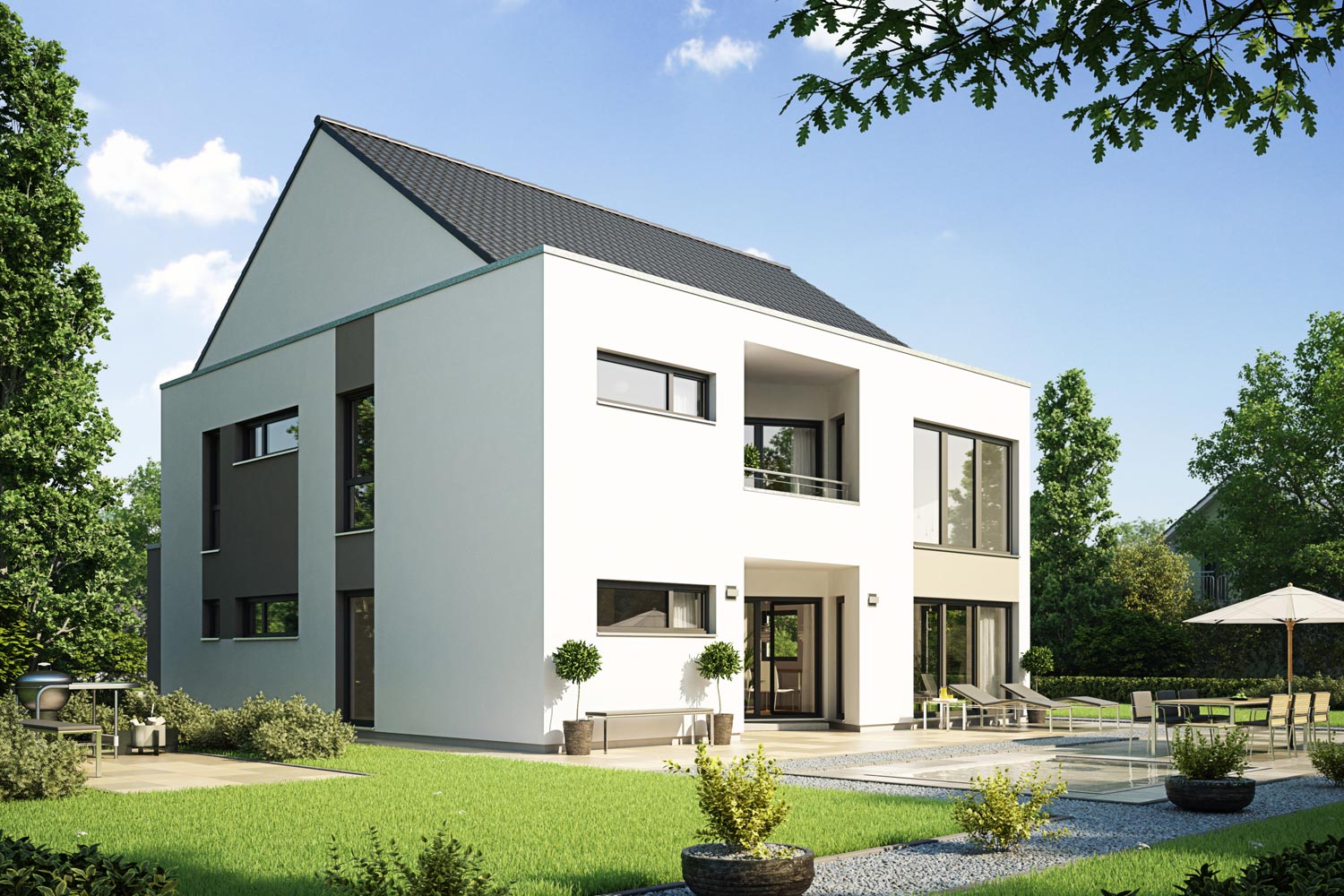 Das individuelle Fertighaus Fiorano überzeugt von innen und außen. Das Einfamilienhaus im kubistischen Stil mit aufgesetztem Satteldach zieht alle Blicke auf sich. Der Innenraum löst sich von herkömmlichen Raumformen sowie Grundrissgestaltung und macht das Haus zu etwas ganz besonderem.