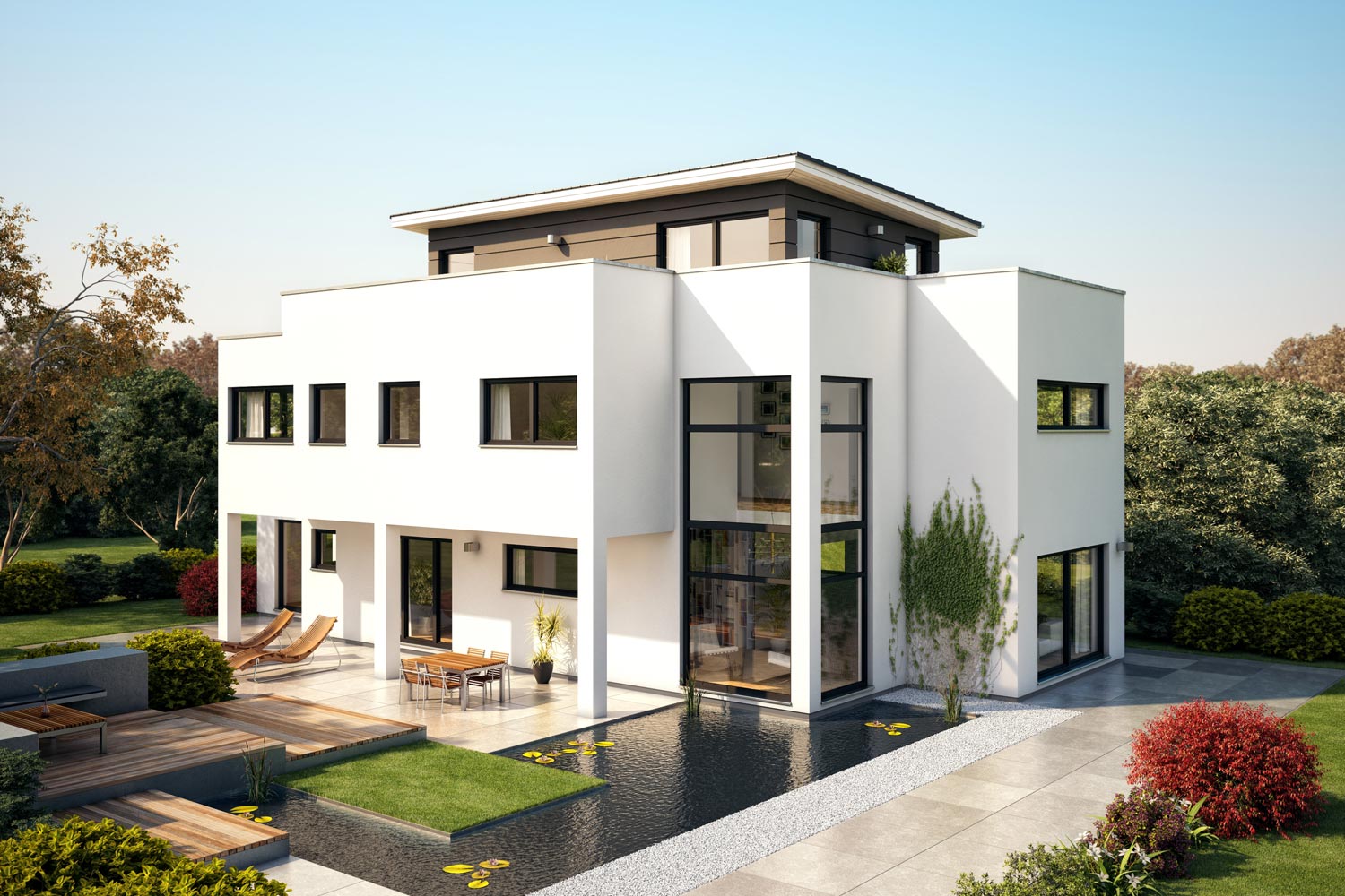 Die exklusive Villa Flaviano ist ein wahrer Blickfang. Der elegante, kubistische Baukörper bietet großzügige und moderne Räume für die ganze Familie. Im Staffelgeschoss befindet sich das Penthouse mit Wellness Oase.