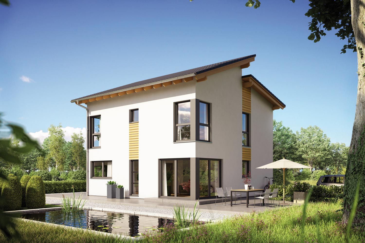 Das Büdenbender Fertighaus Jakomo fällt mit seiner modernen Architektur und dem versetzten Pultdach ins Auge. Eine vierköpfige Familie findet hier ausreichend Platz. Der über Eck angelegte Wohn-, Ess- und Kochbereich ist offen und der Familientreffpunkt.