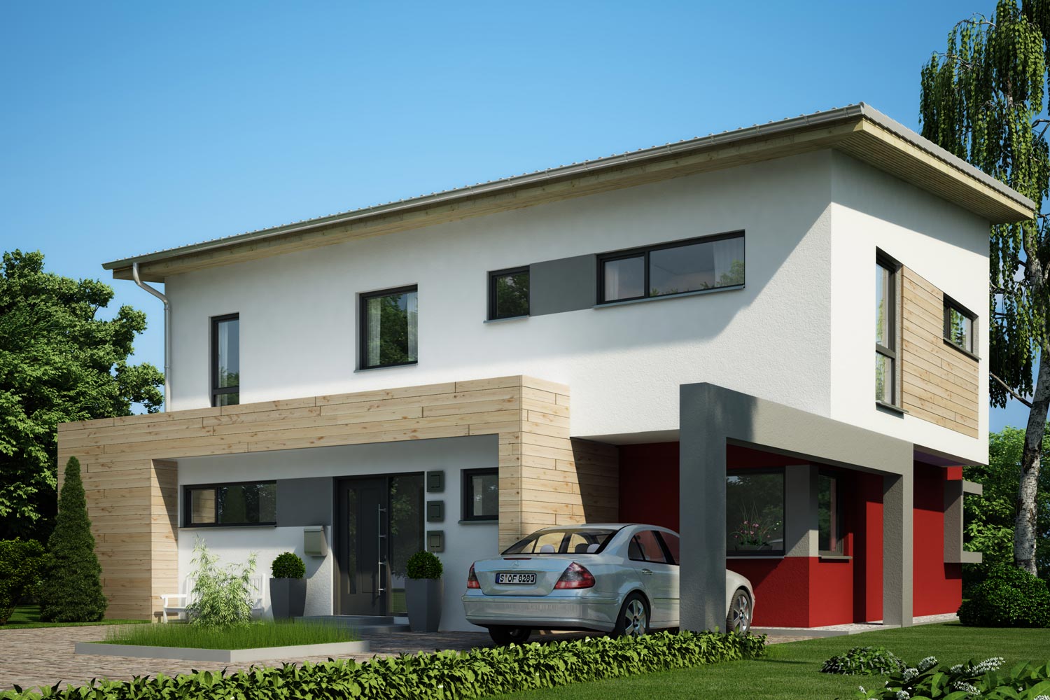 Das individuelle Fertighaus Parcival von Büdenbender Hausbau ist ein zweigeschossiges Pultdachhaus. Auf allen Ebenen wird hier Offenheit und Großzügigkeit geboten.