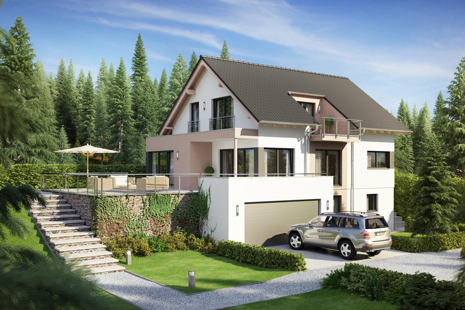 Das individuelle Fertighaus Ramiro legt den Fokus auf Freiraum und fließende Übergänge. Das Architektenhaus von Büdenbender bietet Platz für gemeinsames Wohnen und gleichzeitig Rückzugsmöglichkeiten. Die hauseigene Sauna sorgt für die zusätzliche Entspannung.