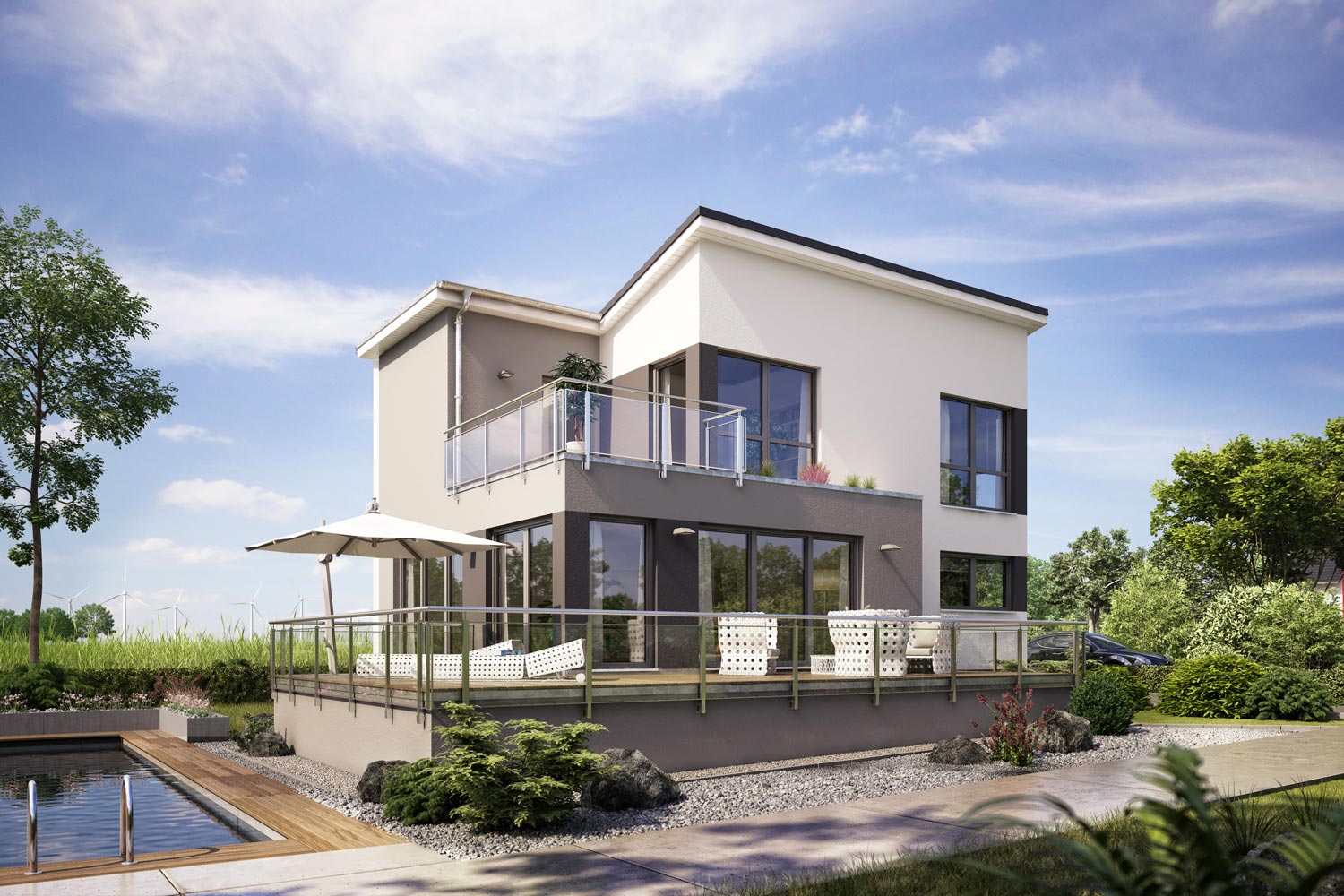 Das Architektenhaus Riccio ist ein Einfamilienhaus mit Schmetterlingsdach und Dachbalkon. Auf einer Wohnfläche von 169,50 m² bietet das Fertighaus viel Platz auf kompakten Grundriss. Die großzügige Raumgestaltung bietet perfekte Voraussetzungen für komfortables Wohnen.