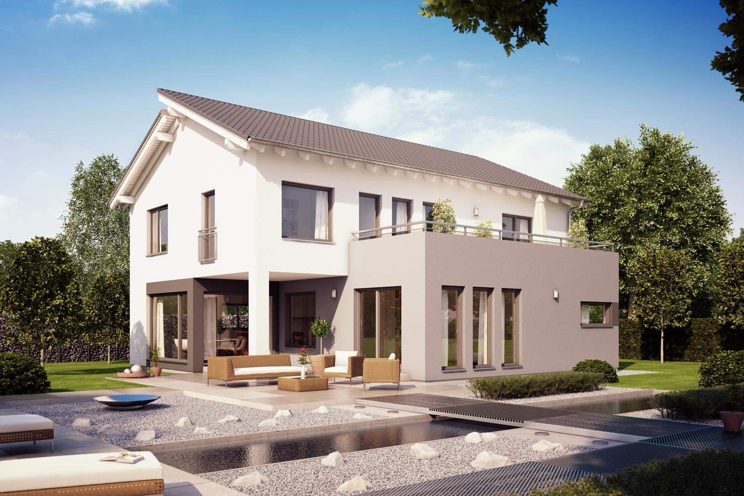 Das Architektenhaus Rubitano mit Pultdach präsentiert sich mit hellen und offenen Räumen. Das familienfreundliche Fertighaus verbindet gekonnt Behaglichkeit und Großzügigkeit. Die Panoramafenster unterstützen die Freundlichkeit des Hauses.