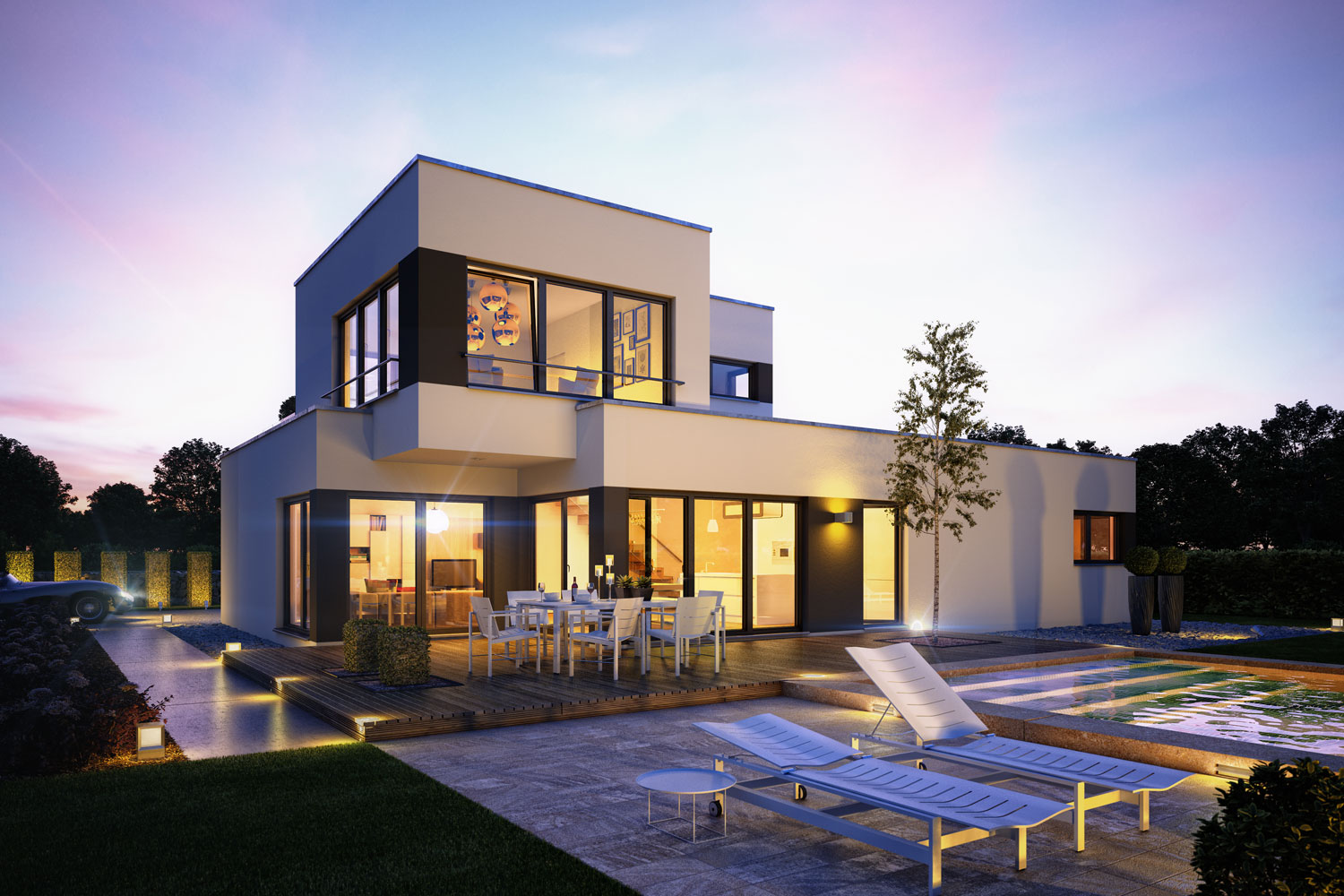 Das Fertighaus Superio glänzt nicht nur bei Nacht. Das moderne Architektenhaus bringt eine extra Portion Luxus mit. An das penthausartige verglaste Studio im Dachgeschoss schließt eine weitläufige Dachterrasse an.