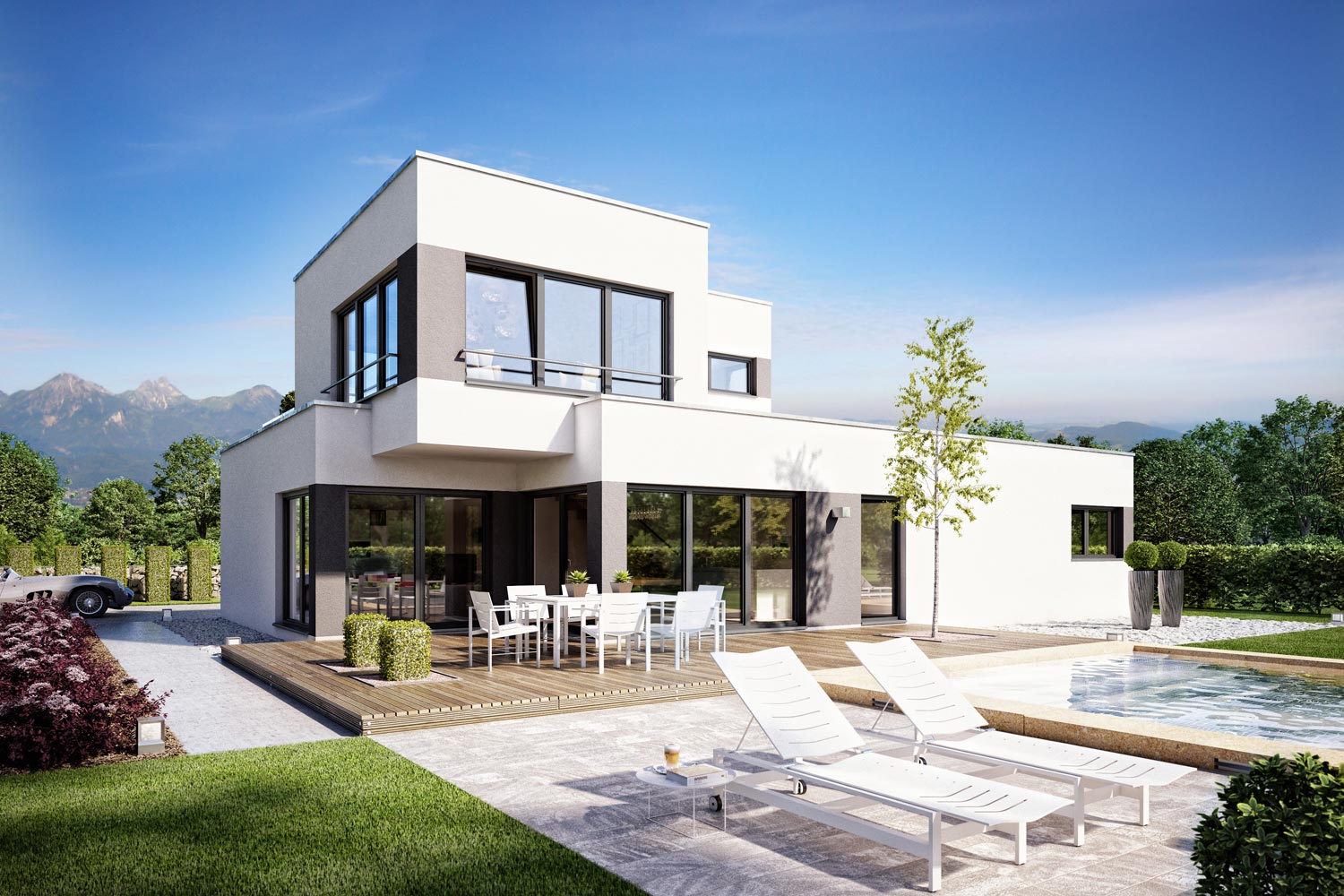 Das luxuriöse Fertighaus Superio bringt ein Wohngefühl wie im Urlaub. Mit moderner Architektur, großen Fensterelementen und großzügiger Raumgestaltung sorgen für Exklusivität. Im Dachgeschoss befindet sich ein penthausartiges Studio.