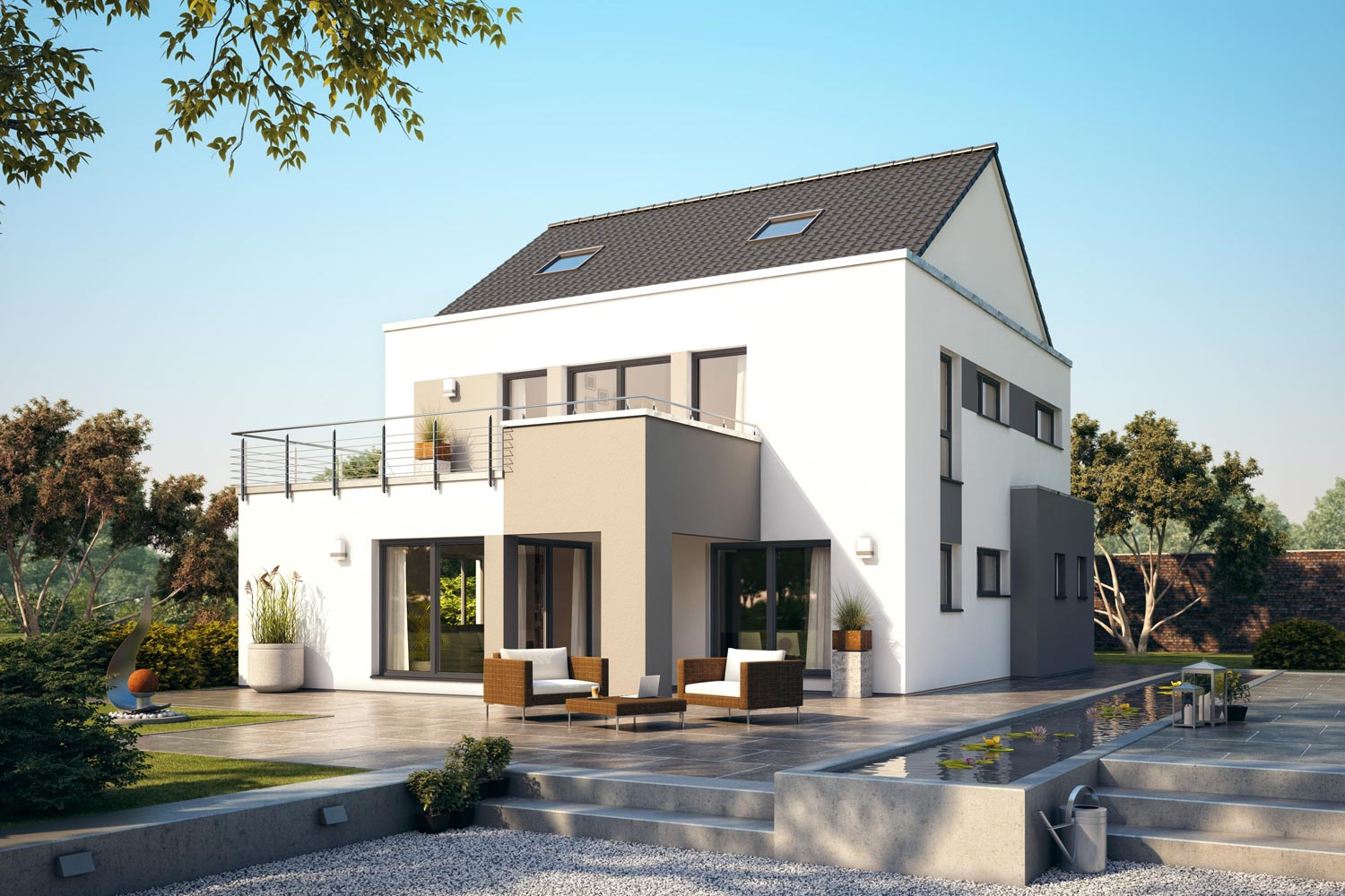 Das geradlinige Fertighaus Varano mit aufgesetztem Satteldach zeichnet sich durch seine offene und moderne Raumgestaltung aus. Von außen gliedert sich die Fassade durch farblich abgesetzte Putzflächen.