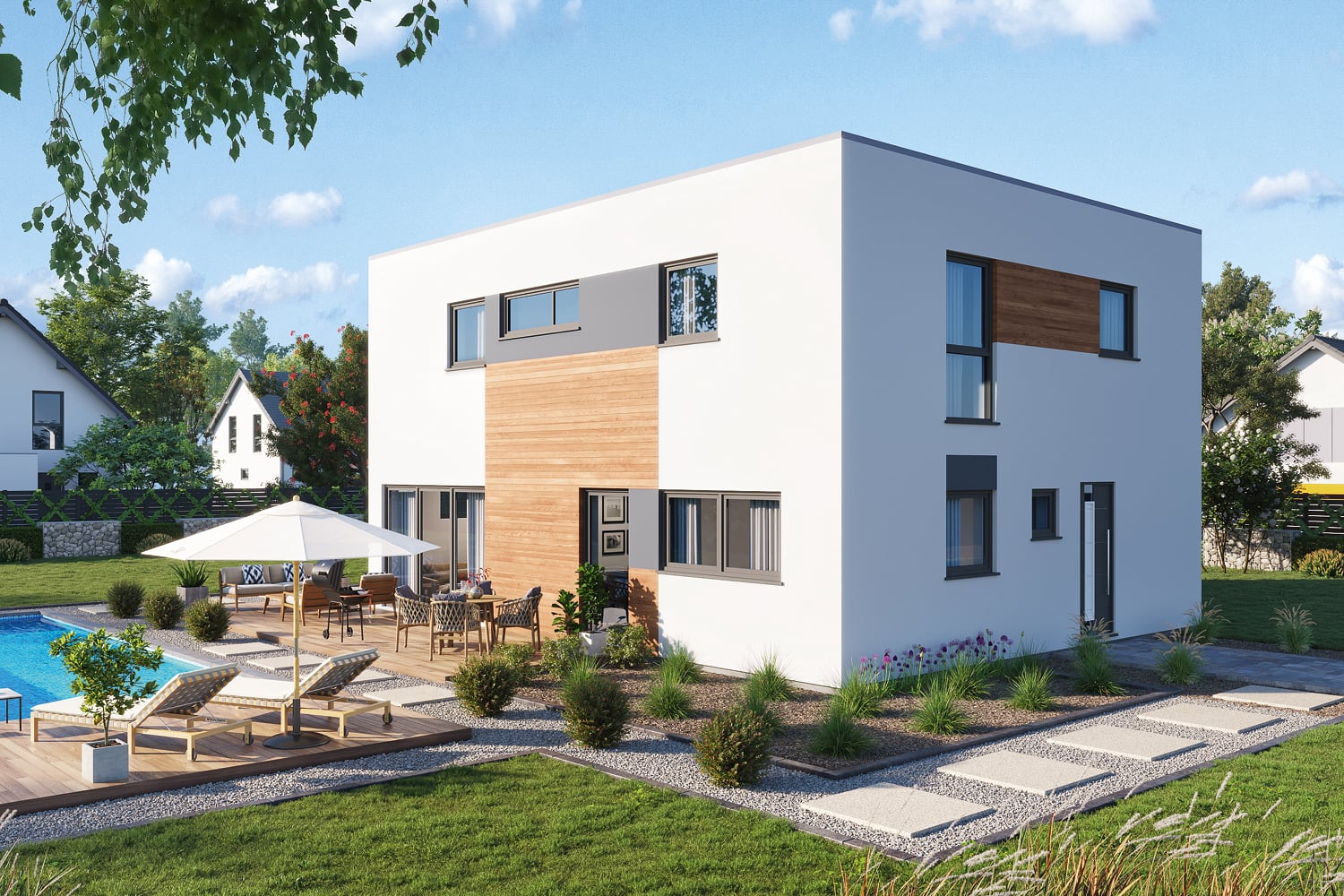 Das Aktionshaus Bellissimo 160 hat einen hohen Wiedererkennungswert. Große, offene Räume und bodentiefe Fenster sorgen für Helligkeit. Außerdem sparen Sie dank der Bestseller-Aktion auch noch richtig viel Geld.