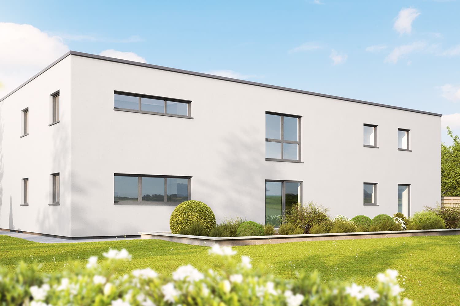 Lichtdurchflutete Räume und ein kubistisches Äußeres sorgen beim Architektenhaus Calando für Offenheit und Freundlichkeit. Raumhohe Schiebetüren unterstützen die Klarheit und Geradlinigkeit.