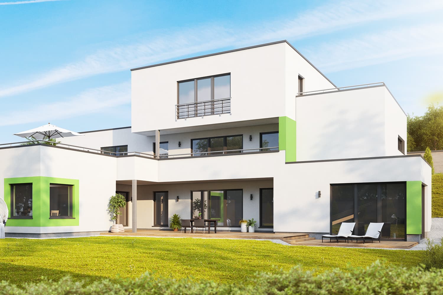 Dem individuellen Architektenhaus Dancello liegt ein intelligent strukturiertes Konzept zugrunde. Modern und geradlinig überzeugt es von außen und innen. Wohnen und arbeiten werden hier klar getrennt.