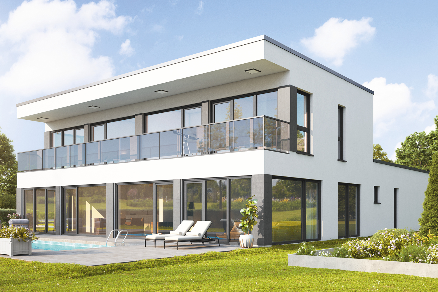 Elegant, stilsicher und großzügig: Das Fertighaus Escamillo begeistert auf 210,8 m² Wohnfläche. Mit seiner geradlinigen und puristischen Bauweise überzeugt es direkt vom ersten Moment an.