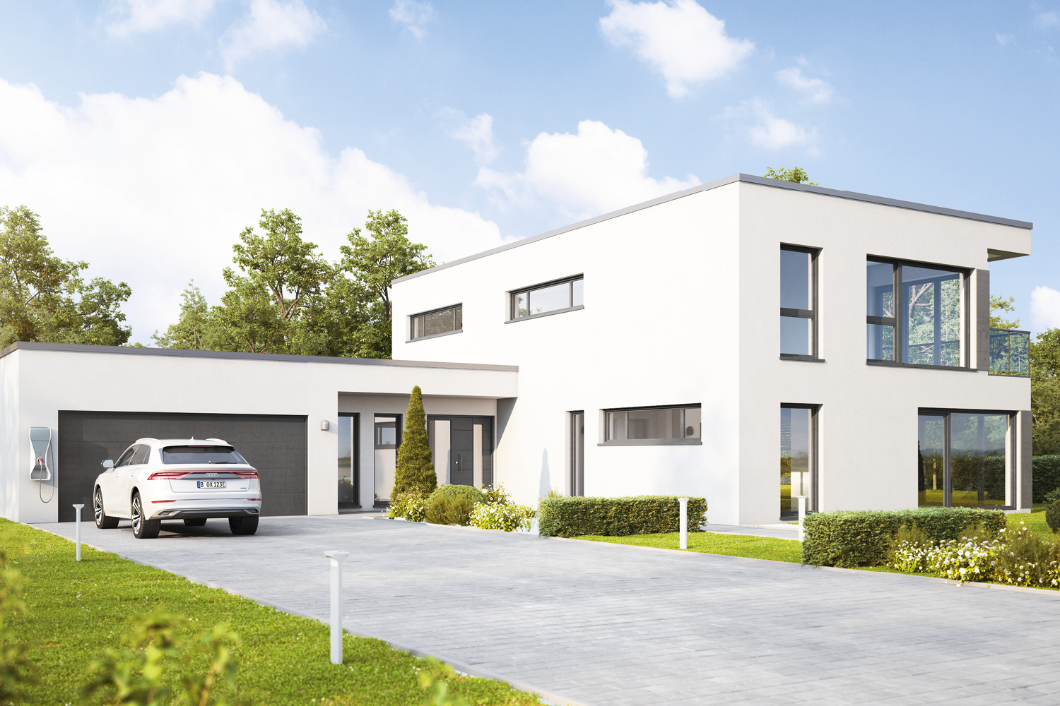 Das geradlinige und puristische Fertighaus Escamillo punktet mit moderner Architektur und Geräumigkeit. Die riesige Glasfront lassen die Grenze zwischen innen und außen fast verschwinden und tauchen die Innenräume in Tageslicht.