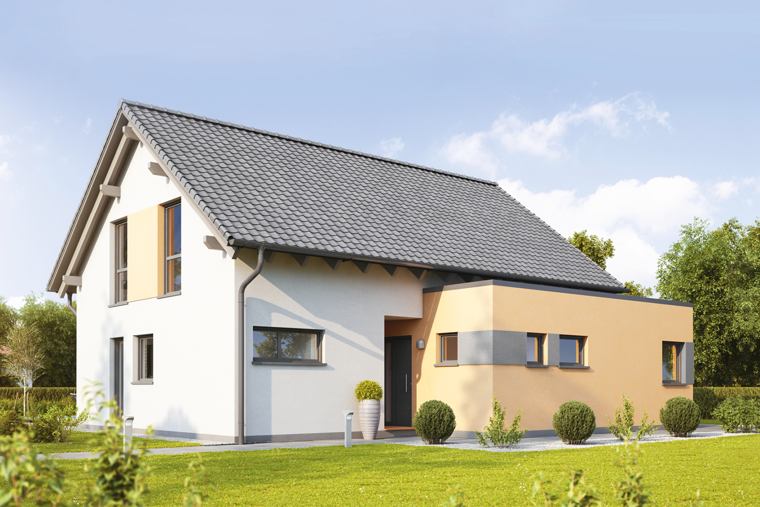 Das Architektenhaus Famosa begeistert mit großzügigem Wohnraum und cleverer Aufteilung. Im Erdgeschoss des Einfamilienhauses befindet sich eine gut geschnittene Einliegerwohnung, die zusätzlich viel Platz bietet.