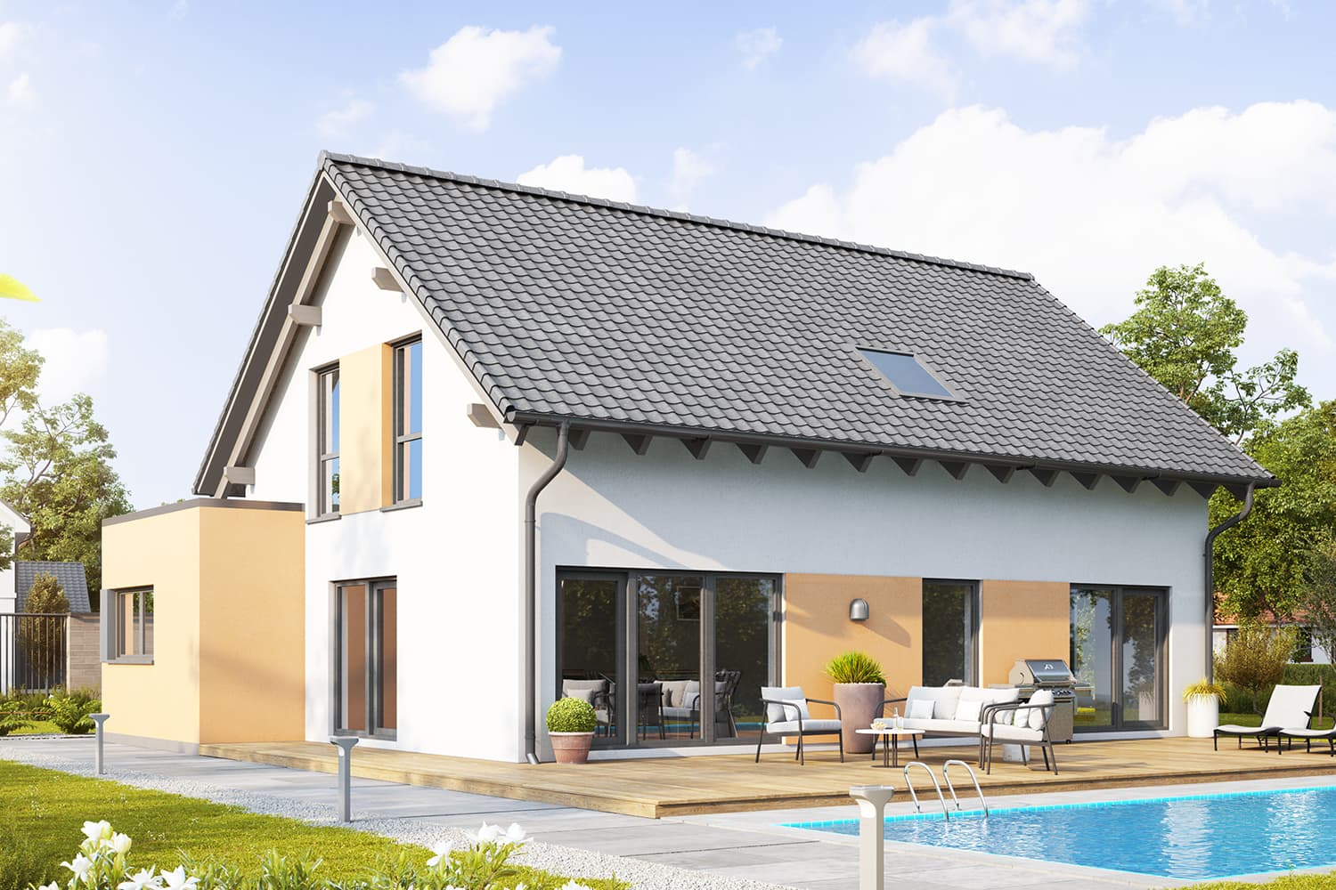 Das individuelle Architektenhaus Famosa bietet großzügigen Wohnraum und viel Platz für die gesamte Familie. Die Einliegerwohnung im Erdgeschoss erweitert das Fertighaus.