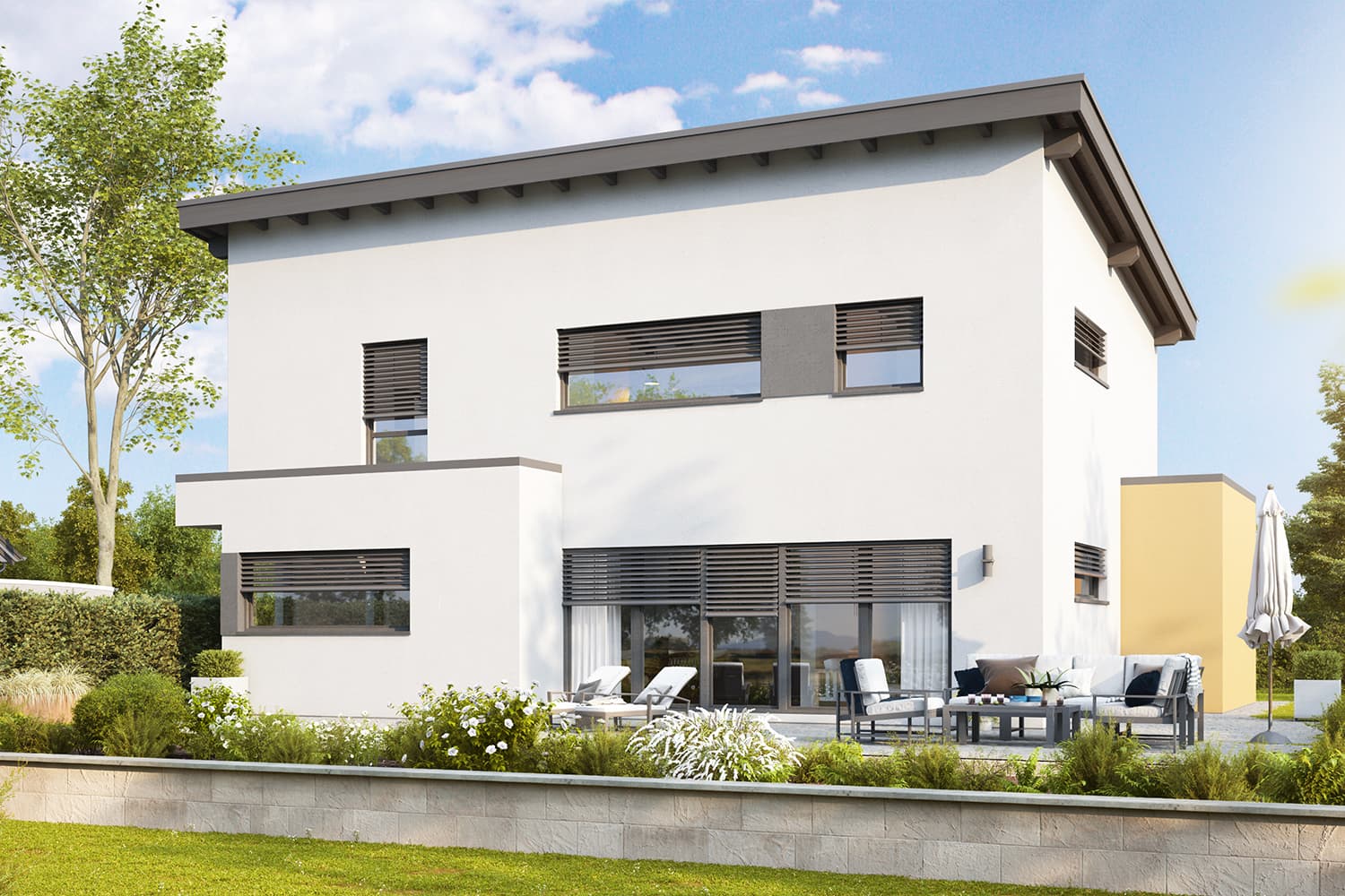 Das zweigeschossige Pultdachhaus Parcival hat ein strukturiertes und klares Design. Das moderne Design von außen setzt sich im Innern weiter fort. Die Verglasung über zwei Geschosse sorgt für ausreichend Tageslicht.