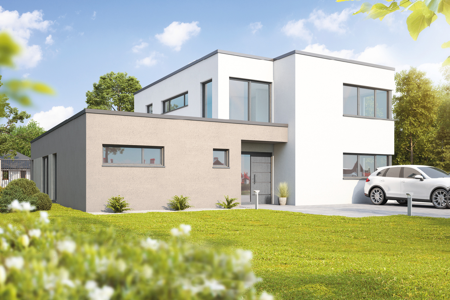 Das kubistische Designobjekt Santiago präsentiert sich großzügig: 271,0 m² Wohnfläche stehen hier zur Verfügung. Für ein Highlight sorgt die Lichtkuppel, die über dem offenen Wohn- und Essbereich thront.