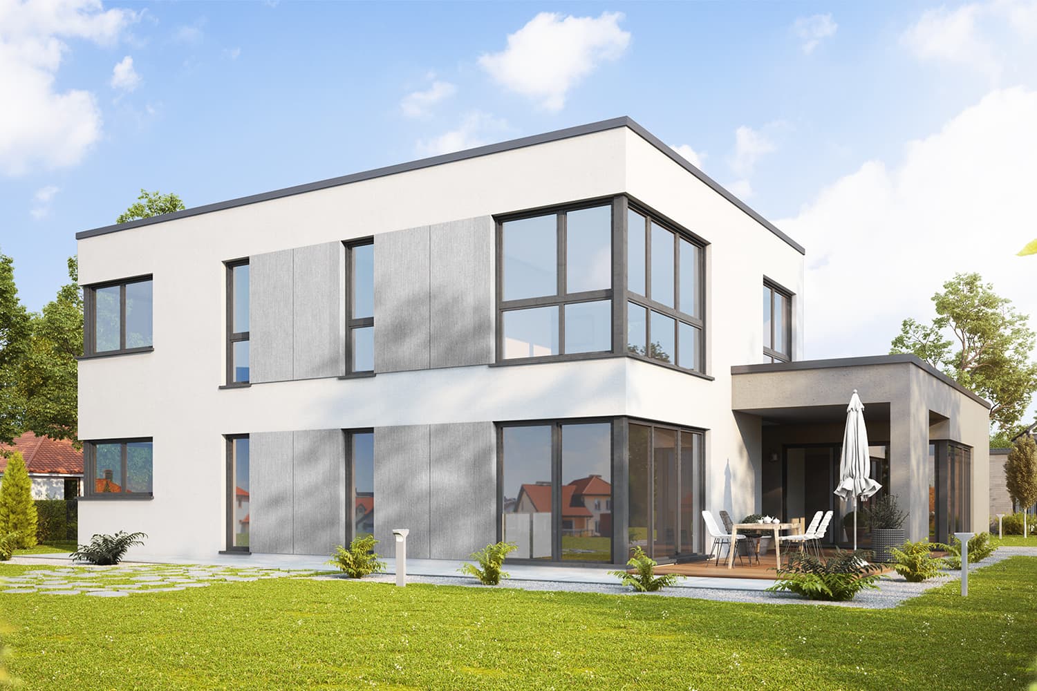 Das moderne und stilsichere Fertighaus Santiago setzt sich aus zwei Baukörpern zusammen. Die bodentiefen Fensterfronten erstrecken sich über Eck und sorgen für helle und freundliche Räume.