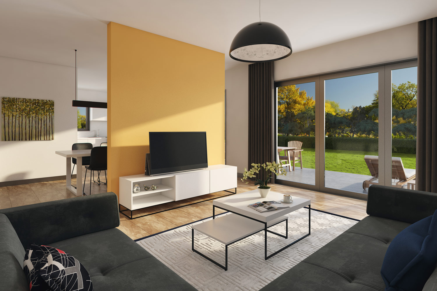 Das Design-Haus Bellissimo 160 verfügt über helle Wohnräume. Bodentiefe Fenster und die offene Raumgestaltung sorgen für freundliche und großzügige Räume zum Wohlfühlen.