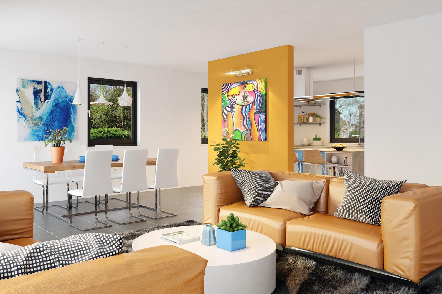 Das Architektenhaus Fortuna 157 hat eine familienfreundliche Raumaufteilung. Der moderne Wohn-, Ess- und Kochbereich wird durch den vorgezogenen Rechteck-Erker optisch gegliedert. Drei große Kinderzimmer bieten ausreichend Platz für Spiel und Spaß.