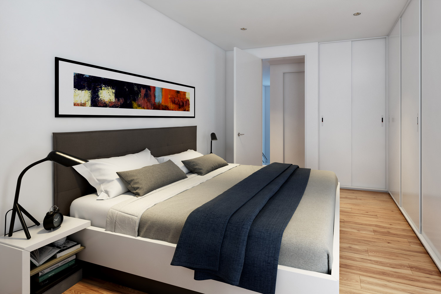 Das helle Schlafzimmer befindet sich im Obergeschoss der mediterranen Stadtvilla Terrano. Auf einer kompakten Grundfläche bietet das Architektenhaus eine hohe Flexibilität der Raumnutzung auf zwei Vollgeschossen.