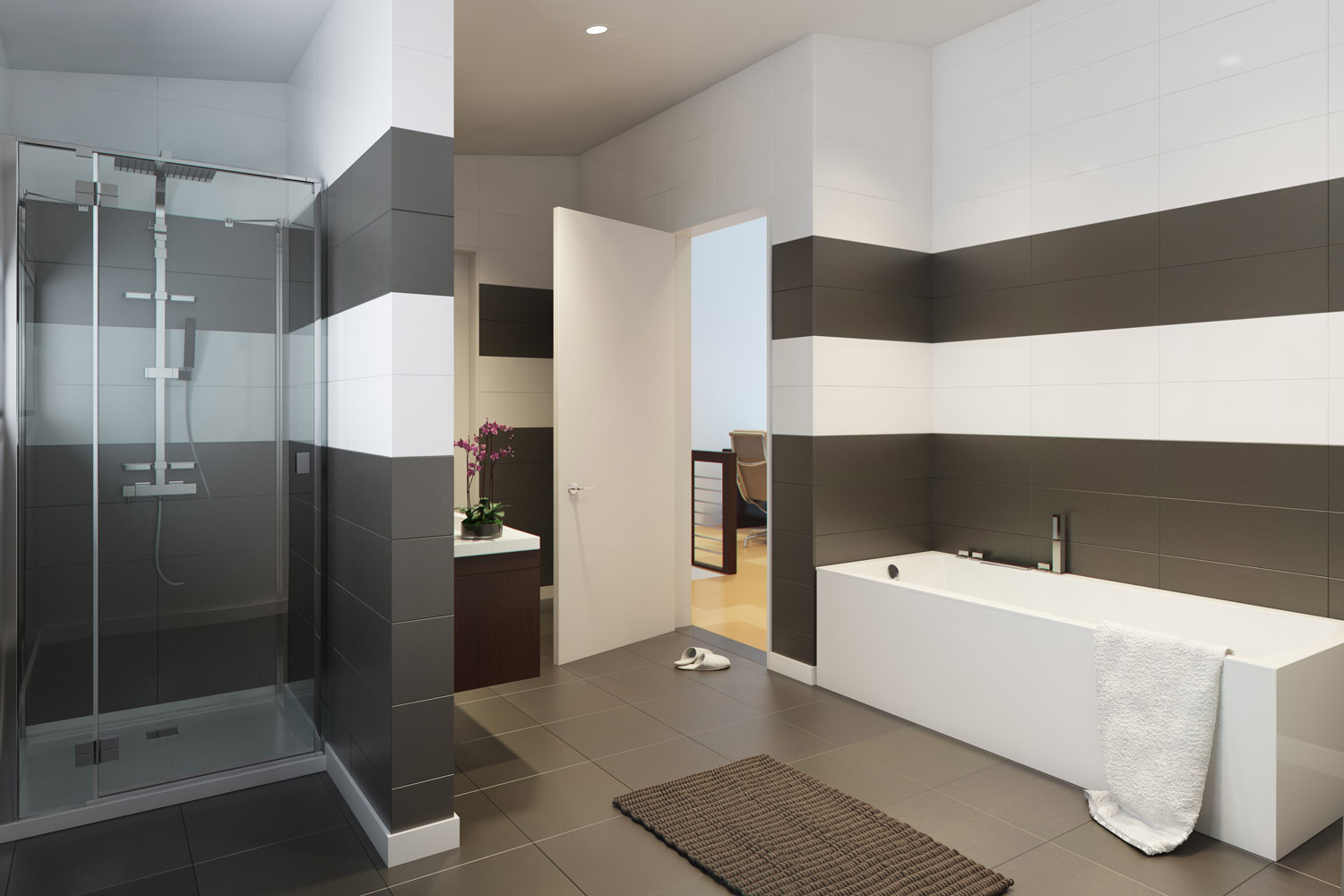 Das raffinierte Architektenhaus Trento 153 punktet mit dem modernen Badezimmer mit direktem Zugang zur Ankleide. Das elegante Familienbad ist aber nicht das einzige Highlight im zweigeschossigen Pultdachhaus.