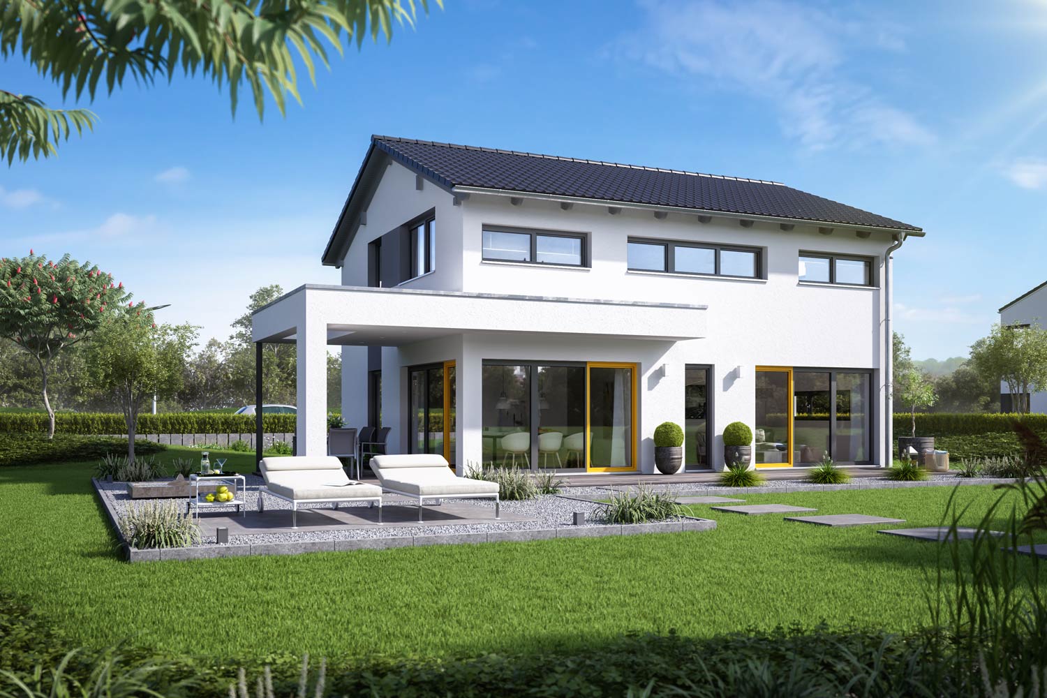 Für alle Sonnenanbeter ist das Fertighaus Akzento 135 ein Traum. Die Sonne füllt dank der bodentiefen Fenster den Innenraum und die überdachte Terrasse mit Lichtkuppel macht den Genuss ganzjährig möglich - Sonne soviel das Herz begehrt.