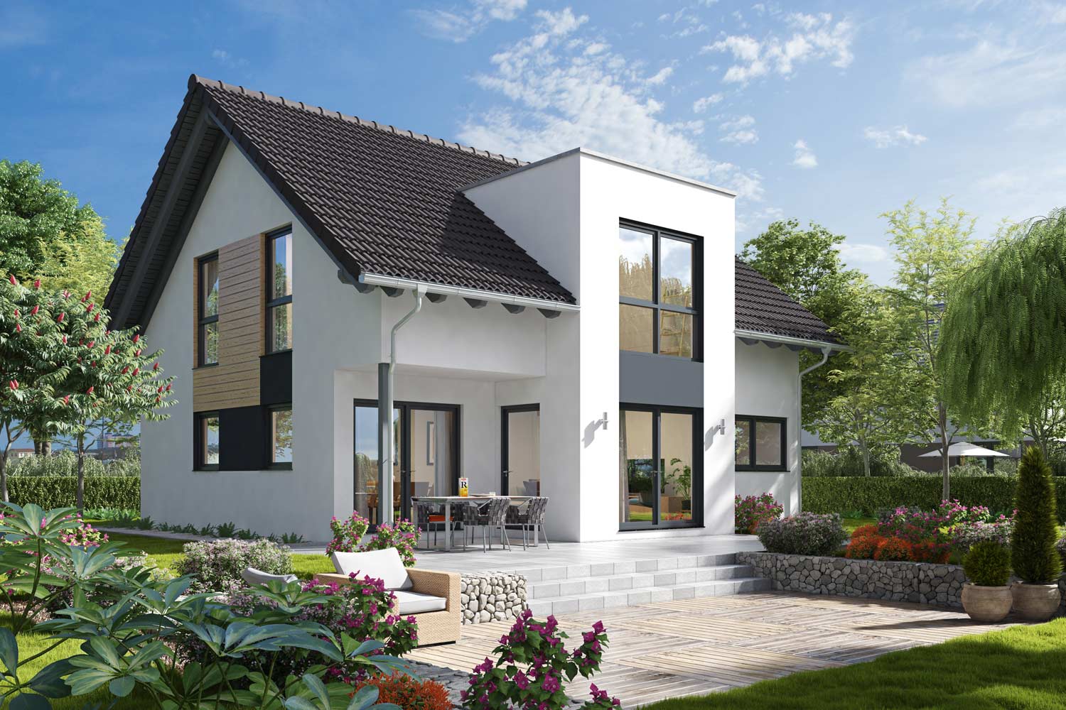 Das Architektenhaus Fortuna 154 bietet Komfort für Groß und Klein. Das Einfamilienhaus verbindet Modernität mit Gemütlichkeit. In den drei großen Kinderzimmern kann nach Herzenslust gespielt und getobt werden.