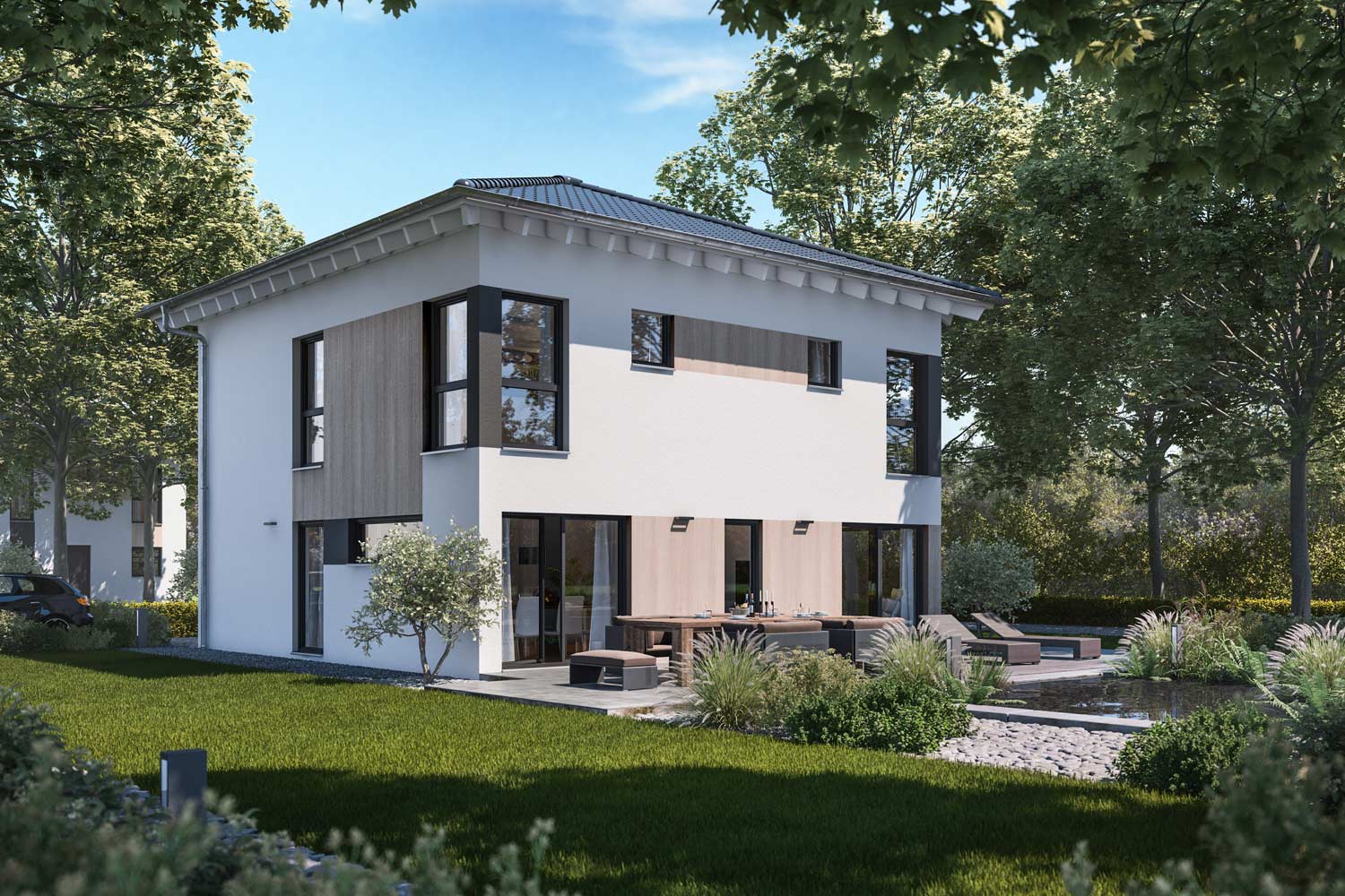 Die mediterrane Stadtvilla Terrano versprüht Urlaubsfeeling. Dolce Vita ist hier das Motto, das in jedem Winkel des Hauses spürbar ist. Das zweigeschossige Haus mit Walmdach zählt zu unseren Bestsellern.