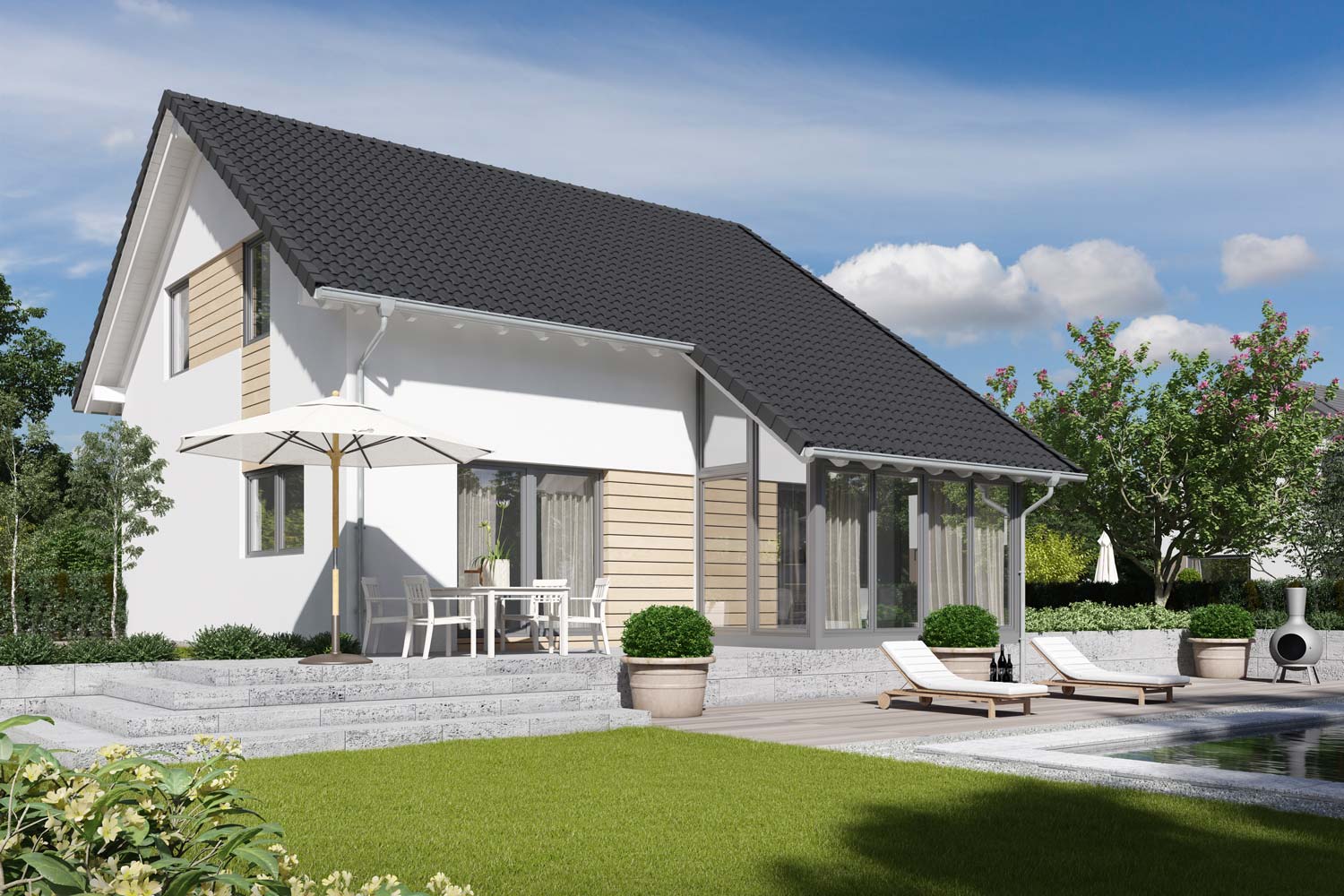 Das Aktionshaus Top 138 präsentiert sich mit klassischer Architektur und cleverem Grundriss. Das Herzstück des Einfamilienhauses ist der Wintergarten, der direkt an den Essbereich anschließt.