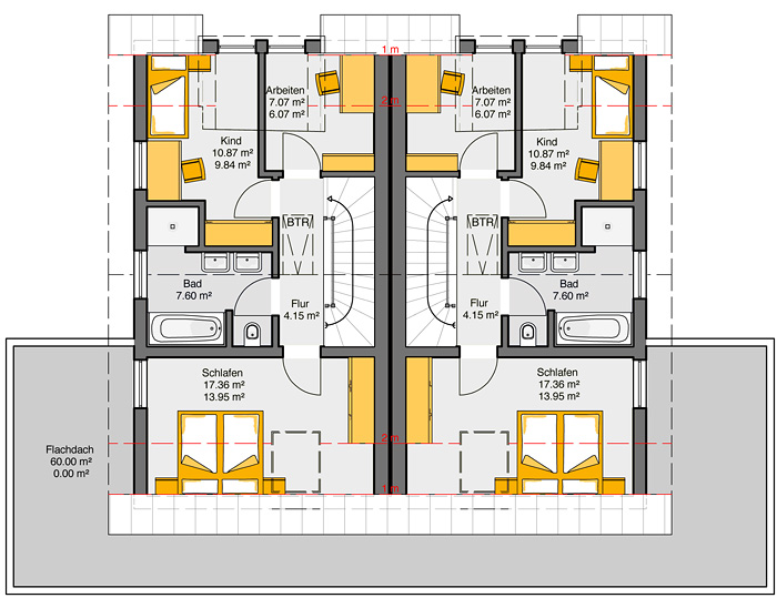 Fertighaus Doppelhaus Gemello SD 136 Grundriss OG