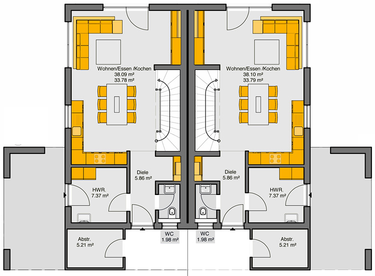 Fertighaus Doppelhaus Gemello SD 136 Grundriss EG